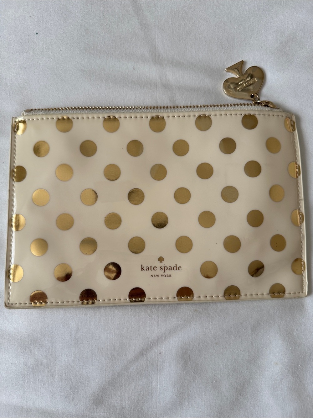 kate spade Cream Pouch with Metallic Gold Polka Dots